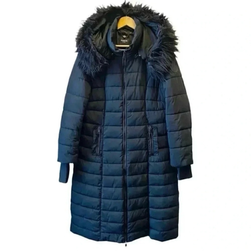 Bebe Long Quilted Winter Puffer Coat Faux Fur Trim Hood Black Size Large